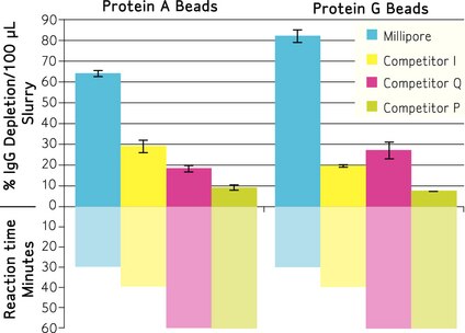 Comparison of Protein Bead Effectiveness<br /><br />Table 1.: Rabbit Serum (50 uL) diluted with PBS was incubated with Protein A and Protein G magnetic beads per manufacturer’s instructions.  An ELISA assay was used to determine the percentage of IgG depleted and the results were normalized by the volume of slurry used per reaction.
